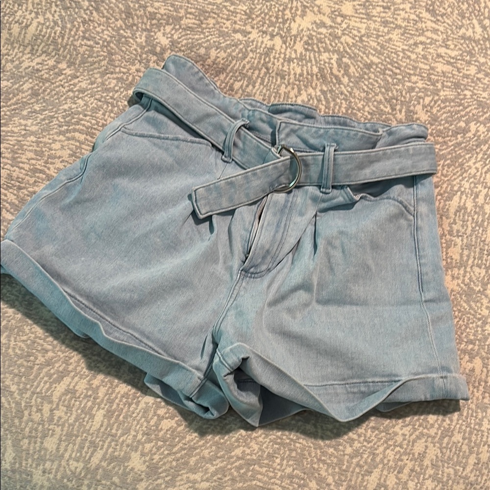 PAIGE Blue High Waist Shorts with Paper-Bag Waist